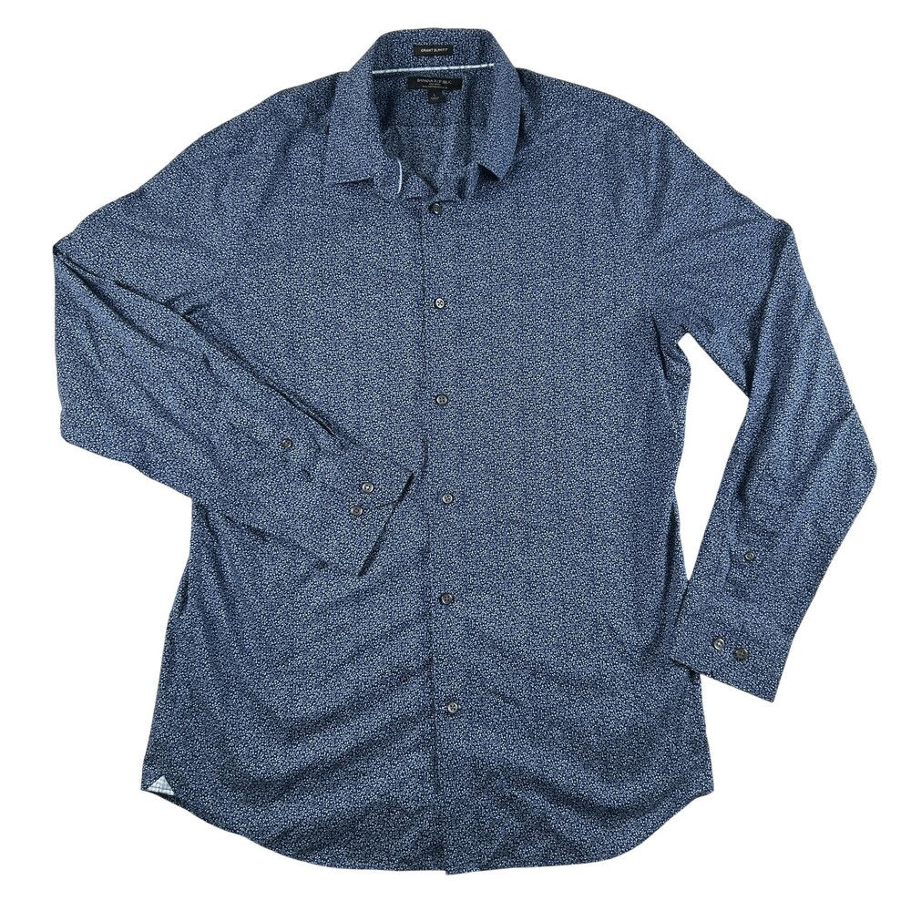Banana Republic Dress Shirt Mens 16-16.5 L Blue Floral Slim Non Iron Stretch